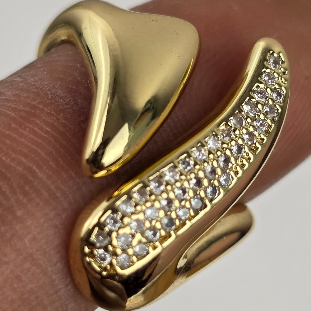 Gold Tone Sculptural Pave Cubic Zirconia Bypass Statement Ring Wide Band